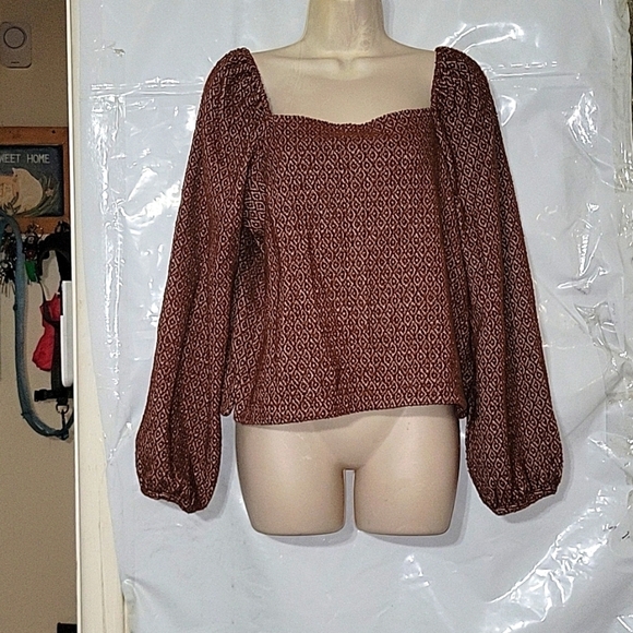 MADEWELL Square Neck Blouse Long Puff Sleeve Geometric Print Top M Beach Coastal - Picture 3 of 6